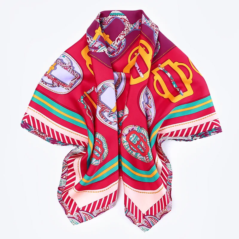 Саржевый шелковый шарф с принтом и пряжками, хиджаб, женские большие квадратные шелковые шарфы, шаль, 90*90 см, рождественские подарки