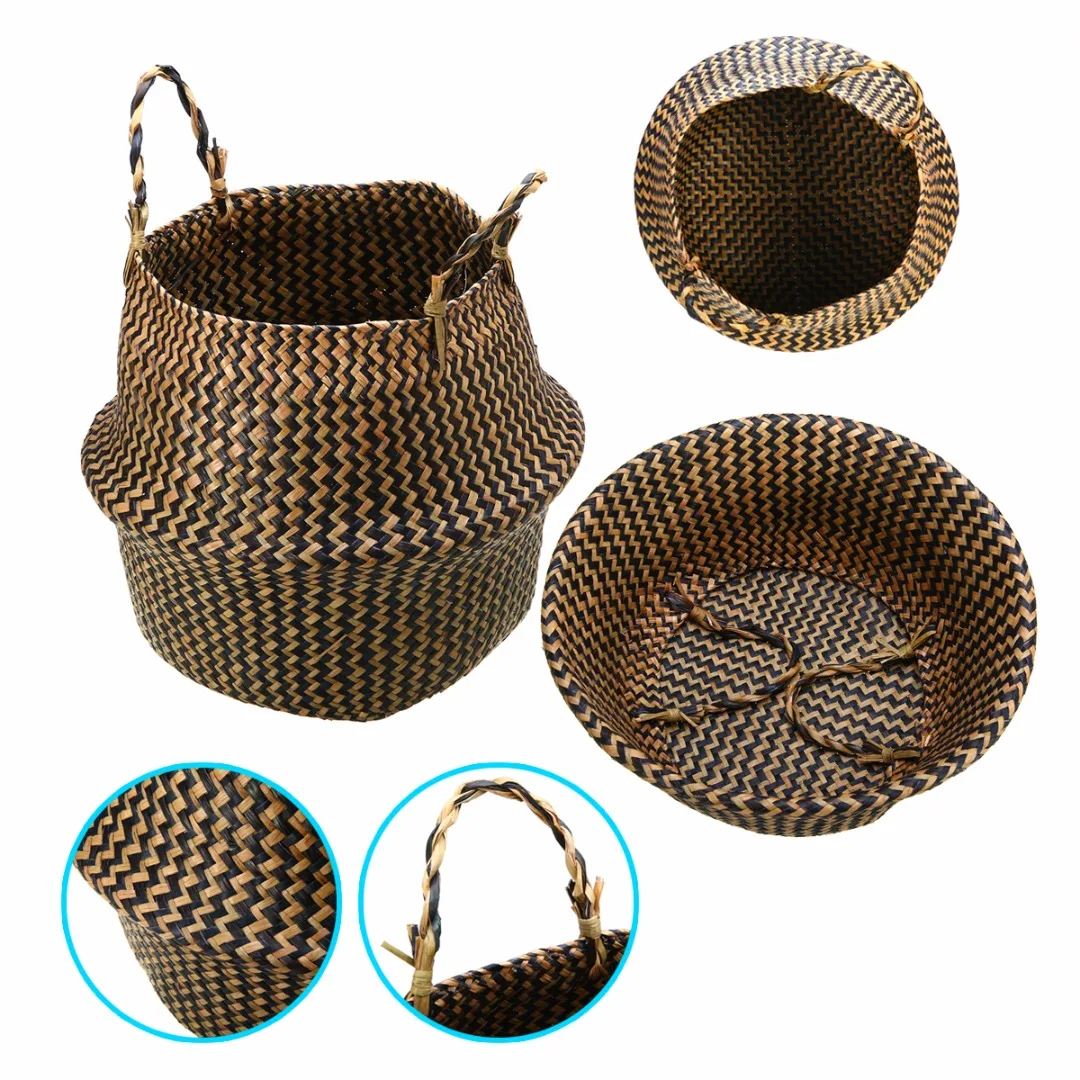 Mayitr Handmade Bamboo Storage Baskets Flower Pot Planter Basket Foldable Laundry Straw Patchwork Wicker Rattan Seagrass Belly