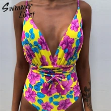 Слитный купальник с цветочным принтом, Женский Монокини, глубокий v-образный вырез, бикини,, купальный костюм, женский купальный костюм, мягкие слитные костюмы