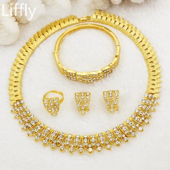 

LIFFLY Italian Luxury Wedding Engagement Jewelry Crystal Necklace Bangle Ring Charm Women 24 Gold Gifts Earrings Jewelry Sets