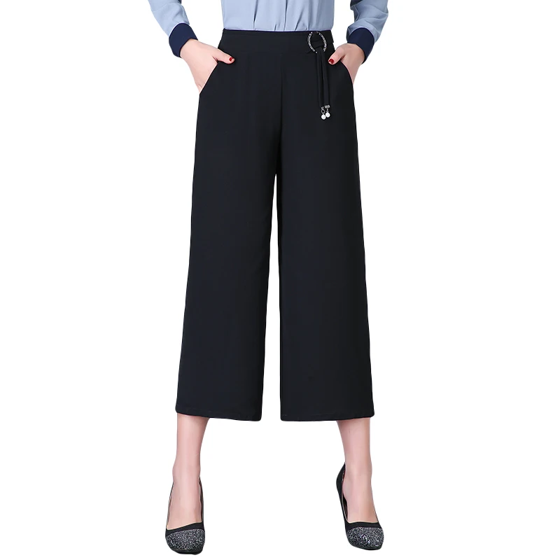 Женские брюки с высокой талией с карманами размера плюс L-4XL, женские офисные Модные свободные длинные широкие эластичные брюки для женщин - Цвет: Black