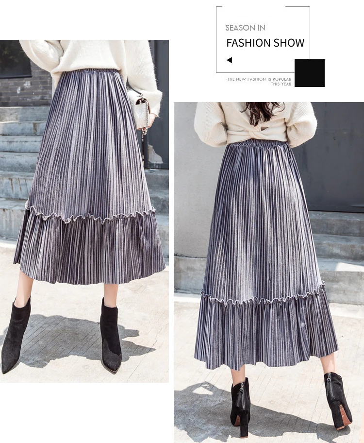 Faldas mujer moda 2018 бархат плиссированная юбка Винтаж Мода Шить рюшами юбки для женщин женские эластичные Высокая талия длинная юбка миди