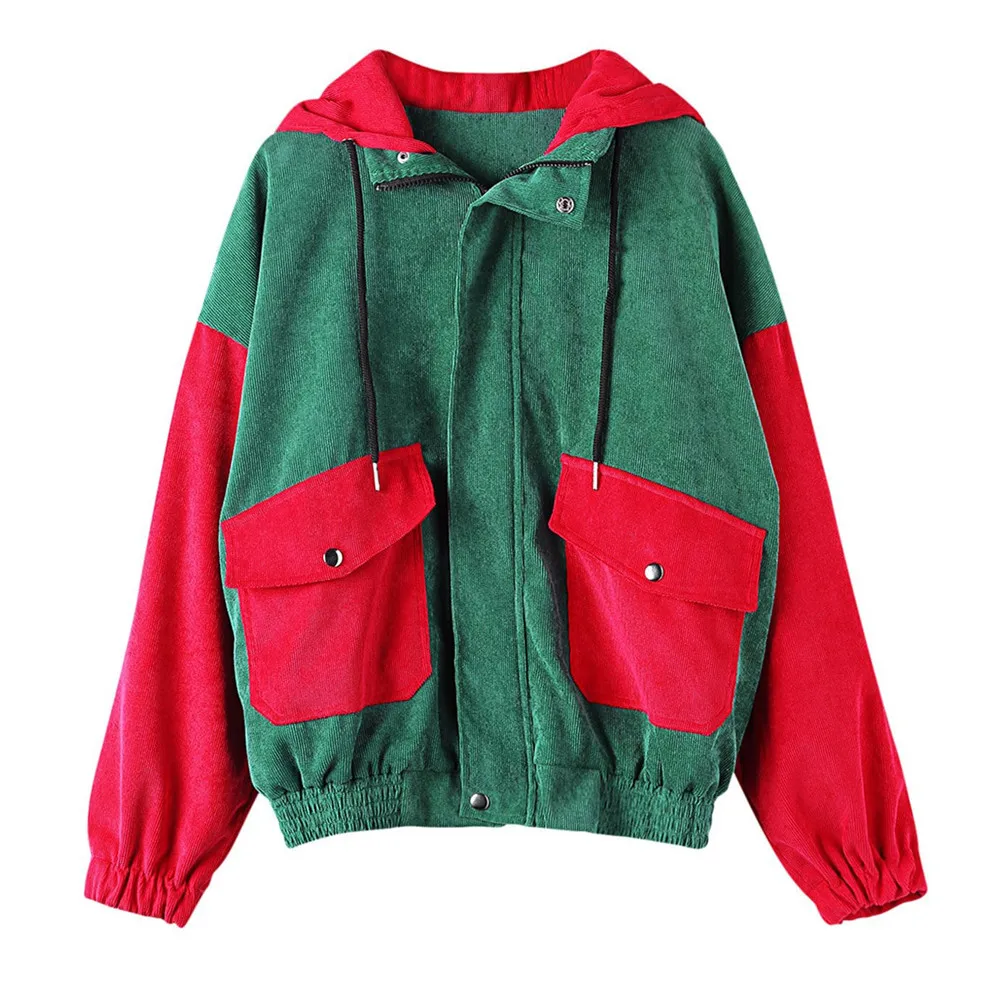 Plus size Women Corduroy Hoodie Patchwork Pockets Jacket