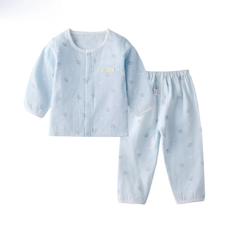 Муслиновый хлопковый летний комплект одежды унисекс с круглым вырезом и пуговицами для младенцев, летняя одежда с длинными рукавами для малышей от 0 до 24 месяцев - Цвет: Небесно-голубой