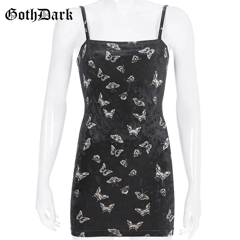 Goth Dark Harajuku Black Dress Women Gothic Spaghetti Strap Backless Off Shoulder Dresses Female Fashion Casual Print Sexy Dress