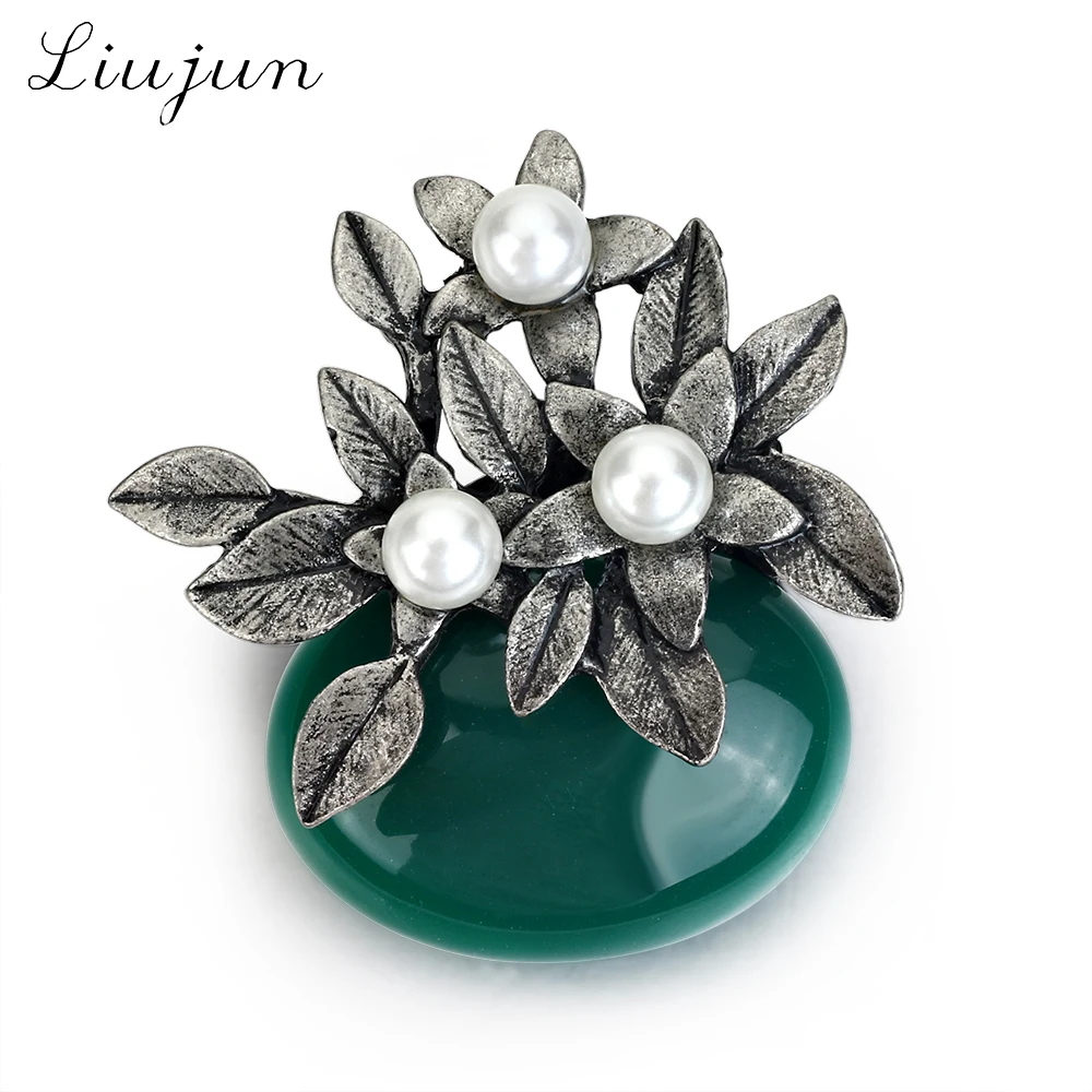 2018 New Arrival Antique Tree With Natural Stone Brooches Green Resin