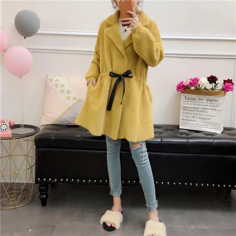 Femmes C45 Survêtement rouge jaune Hiver Vison Moyen Sashe rose 2018 Lâche Femme Beige Nouveau Veste Fourrure Mode Automne Faux Mince Lapin De Manteau bleu pourpre Long HtWWnqpwA