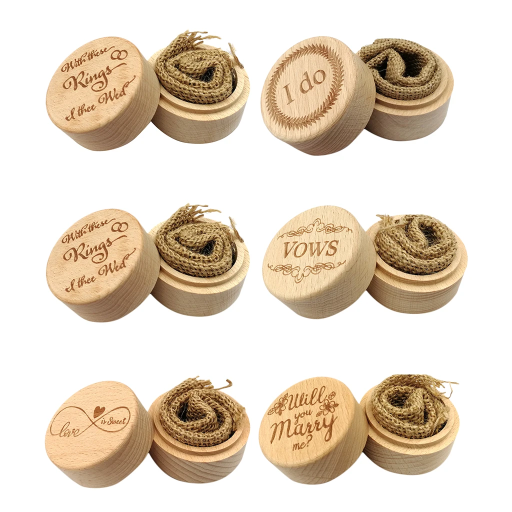 Wooden Ring Box Rustic Wedding Ring Holder Bearer with Delicate Pattern Letters for Ring Earrings Necklace Jewelry Gifts