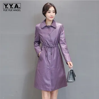 

Elegant Womens Medium Length Faux Leather Trench Coats Single Breasted Adjustable Waist Slim Fit Pluse Size Female Jackets