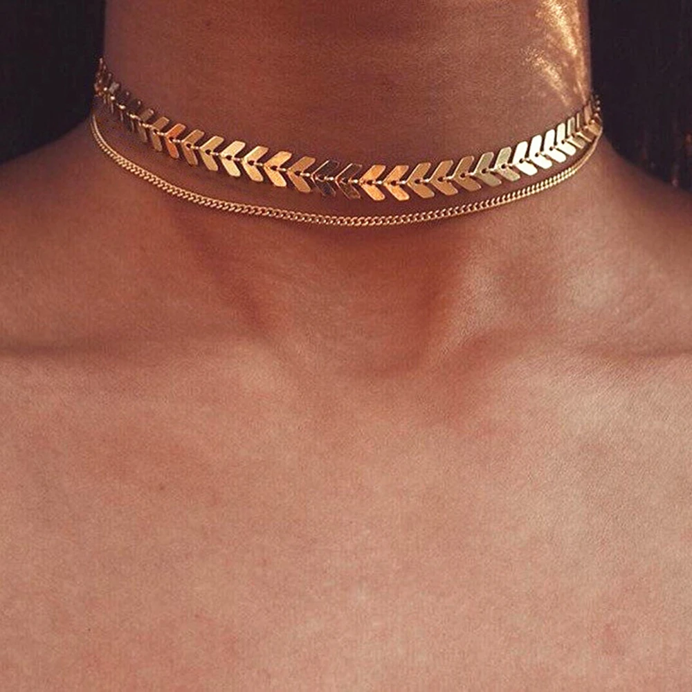 

Multi Arrow Choker Collar Necklace Women Double layer Necklaces Gold Color Fishbone Airplane Necklace Flat Chain Leaves Jewelry