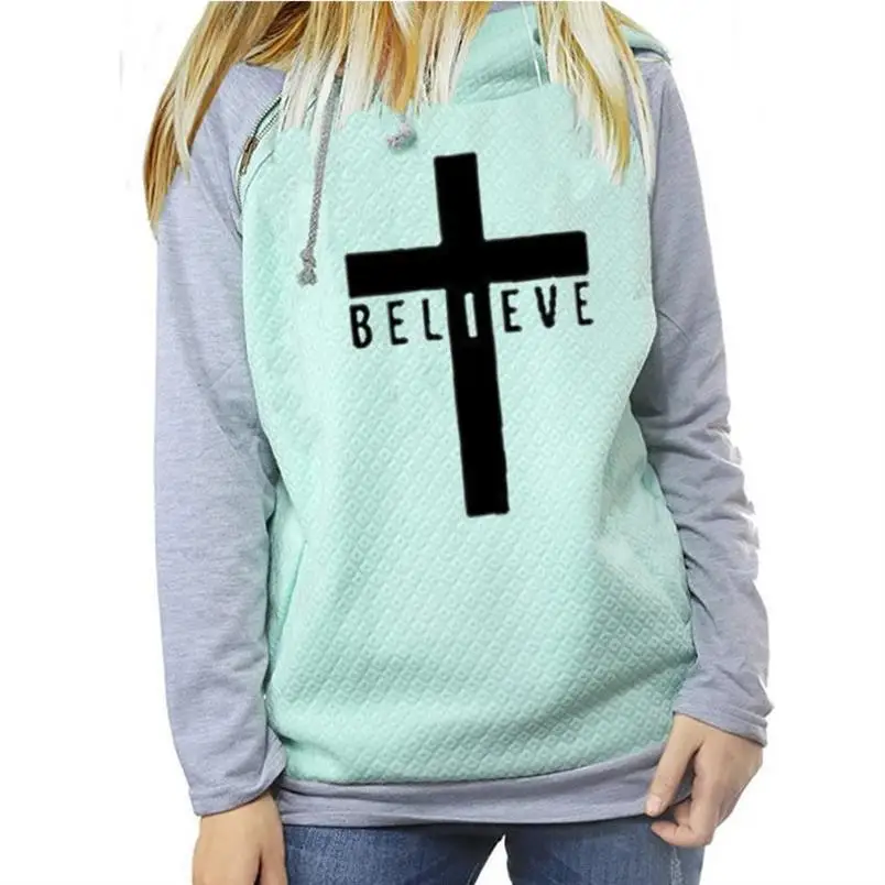 Hoodies For Women Zipper Decoration Believe Letters Print Sweatshirts Hoodies Women Tops Pattern Funny Pockets Thick Plus Size