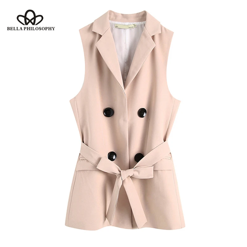 

Bella Philosophy Vintage Double Breasted With Belt WaistCoat Women 2019 Sleeveless Office Lady Vest Coat Casual Jacket Outerwear