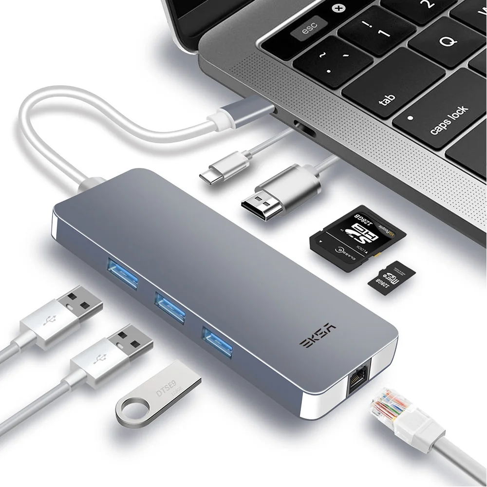 EKSA USB C USB-C концентратор с питанием типа C концентратор 4K HDMI SD/TF кард-ридер RJ45 USB 3,0 концентратор для MacBook Pro huawei P20 Pro