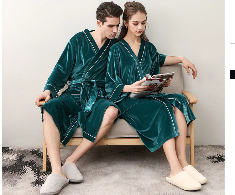 Men Women's Sleep Lounge Robes Gold Velvet Autumn Nightgrowns Couple Robe Bathrobe Male Female Dressing Gown Lounge Homewear 888