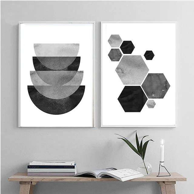 black white wall abstract prints watercolor paintings gray geometric