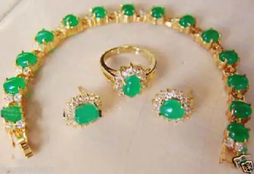 

Beautiful green jade bracelet earring ring set ^^^@^18K GP style Fine jewe Noble Natural jade FREE SHIPPING