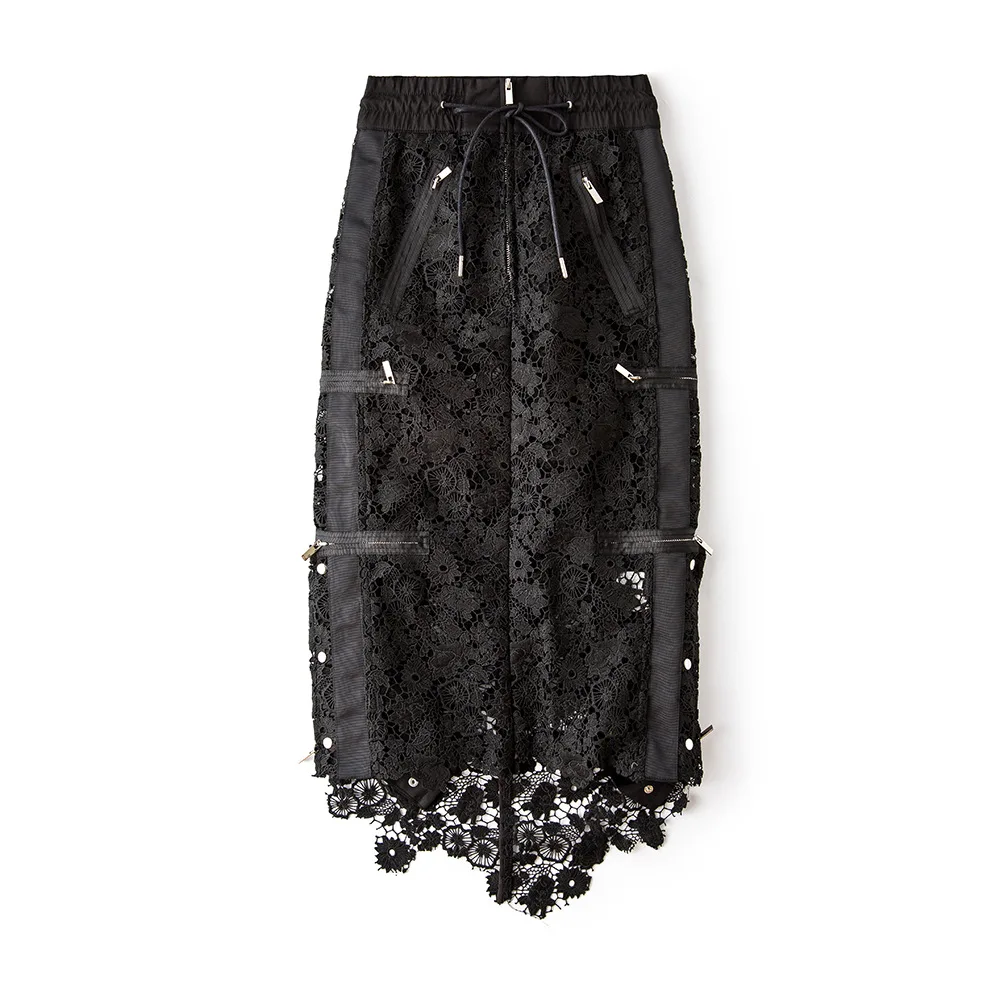 Европейская роскошная Женская Высокая мода полная новая Водорастворимая ажурная кружевная Длинная тонкая юбка черно-белая Нижняя юбка