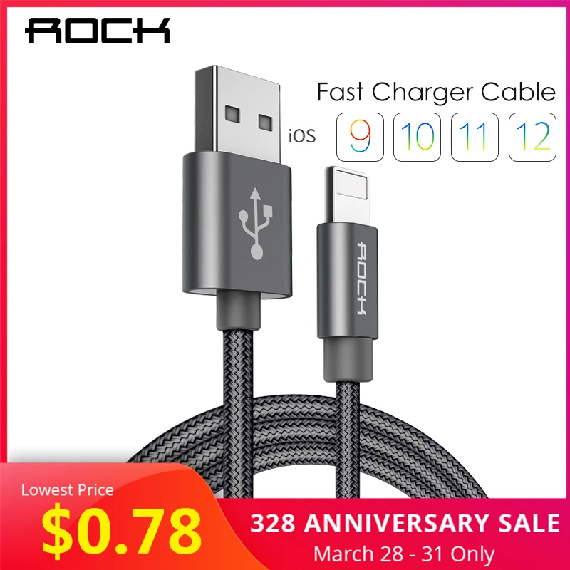 ROCK Cable for iPhone 100CM 180CM 300CM 20CM 2.1A Fast Charger Lighting USB Cables Charging Cord For iPhone 10 8 7 6 5 Plus iPad