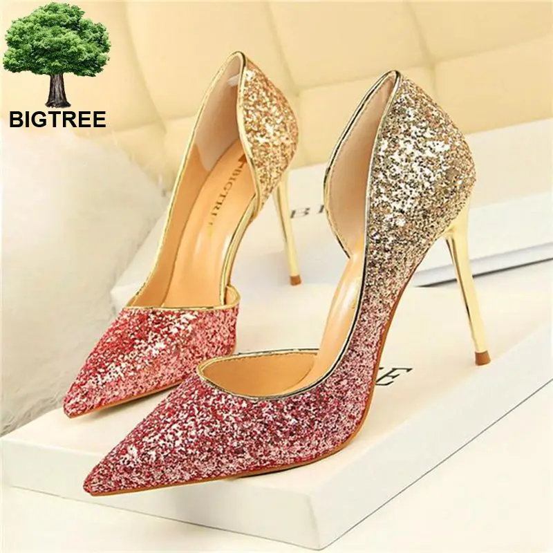 

BIGTREE Show Thin Sexy Side Cut-Outs Dress Shoes Women Pump Fashion Sequined Cloth Shallow Women's High Heels Shoes Pointed Toe