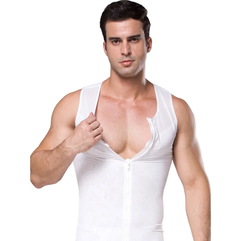 Murah Depan Ritsleting Rompi Tubuh Sabuk Pelangsing Bodysuit Shapewear Kontrol Tops Perut Pemangkas Pinggang Hitam Putih T Kemeja Pria Pembentuk