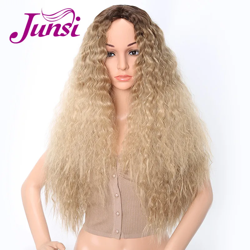 Модные длинные волнистые кудрявые вьющиеся волосы парик блондинка натуральный полный синтетический парик для черных женщин (Цвет: блонд)