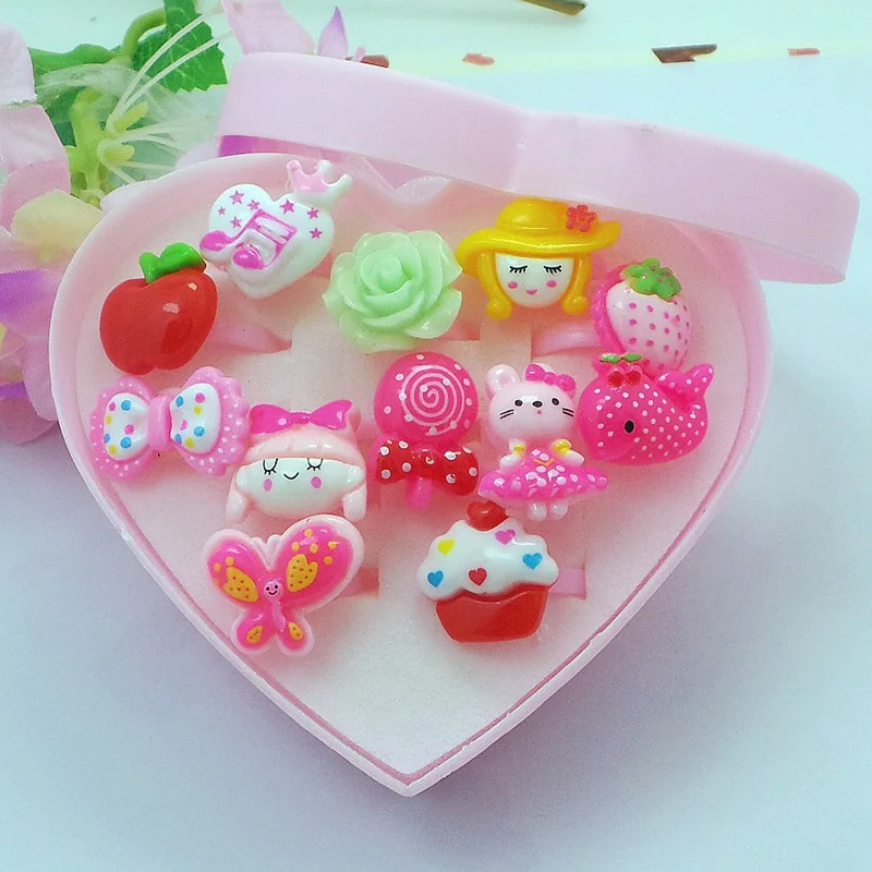 

ISINYEE Cute 12PC/set Mix Flower Heart Animal Cartoon Rings For Baby Kids Girl Children's With Display Box Best Friend Gifts