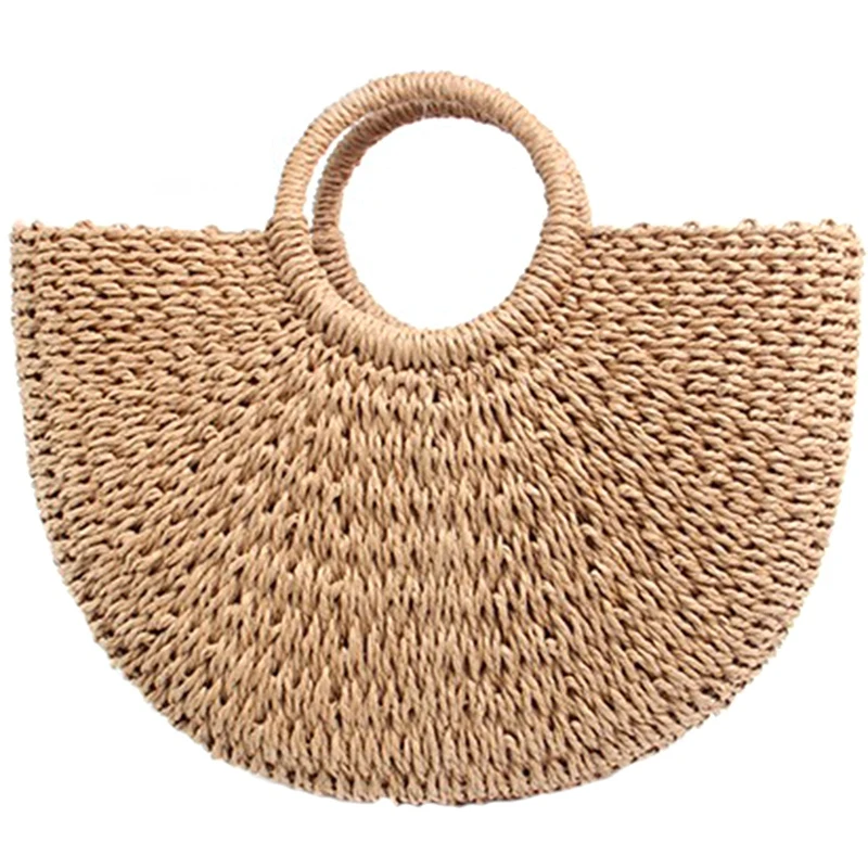 

FGGS-New Half Moon Braided Bag Straw Round Bucket Bag Retro Casual Hand Bag