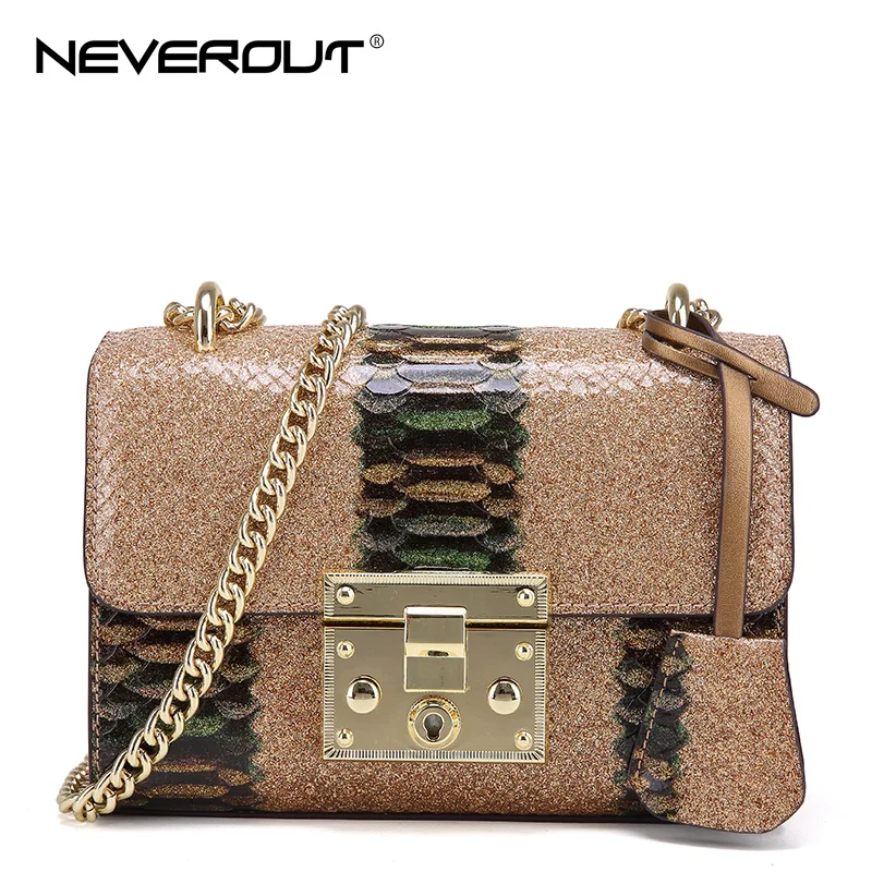 

NeverOut Women Smooth Inclined Satchel Chains Crossbody Bags Split Leather Serpentine Messenger Bag Mixed Color Shoulder Sac