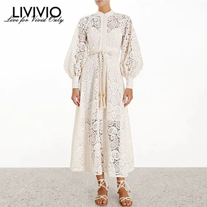 

[LIVIVIO] Summer Hollow Out Dress For Women Stand Lantern Sleeve High Waist Bandage Midi Dresses Female Elegant 2019 Fashion