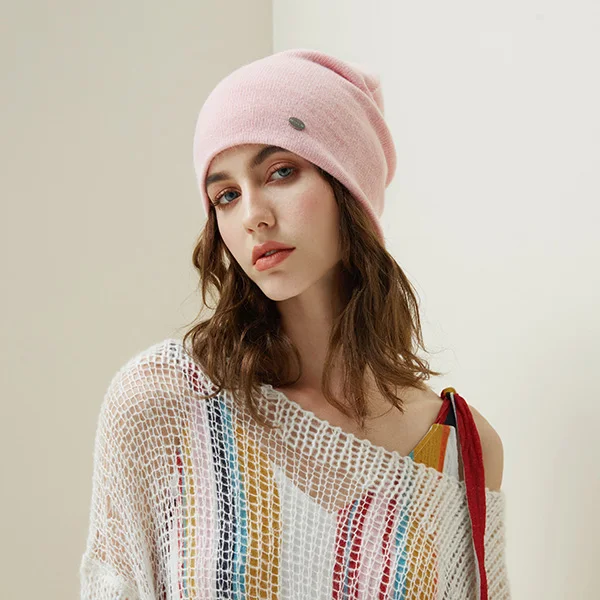 Female Beanies Rabbit Hair Winter Hats For Women Casual Autumn Knitted Beanie Girls New Fashion High Quality Soft Wool Hat - Color: Light Pink