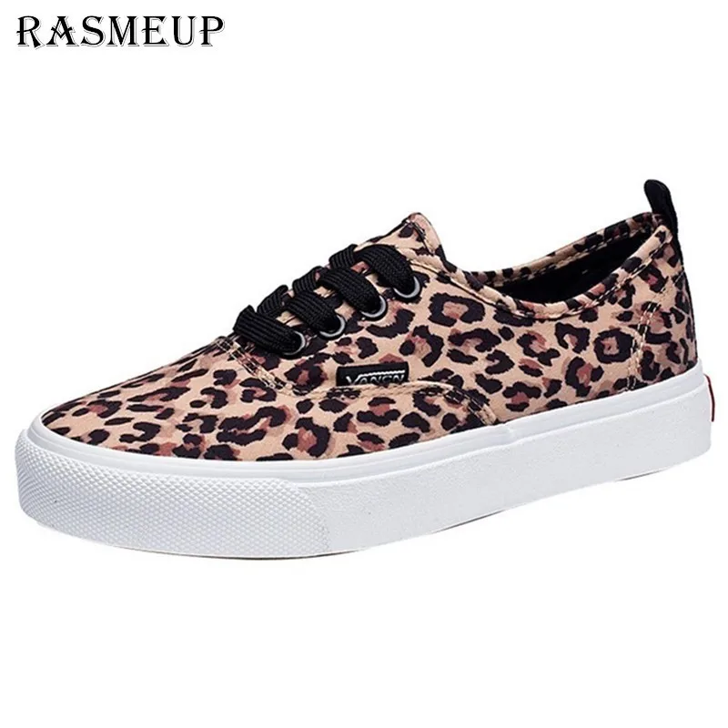 

RASMEUP Leopard Women Canvas Sneakers 2018 Autumn Fashion Women's Vulcanized Shoes Casual Comfort Flat Lace Up Woman Footwear