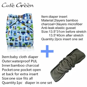 

[Cute Green]Bamboo Charcoal Double Gusset Baby Pocket Cloth Diaper Reusable Baby Nappies;One Size Fit Diapers With Diaper Insert