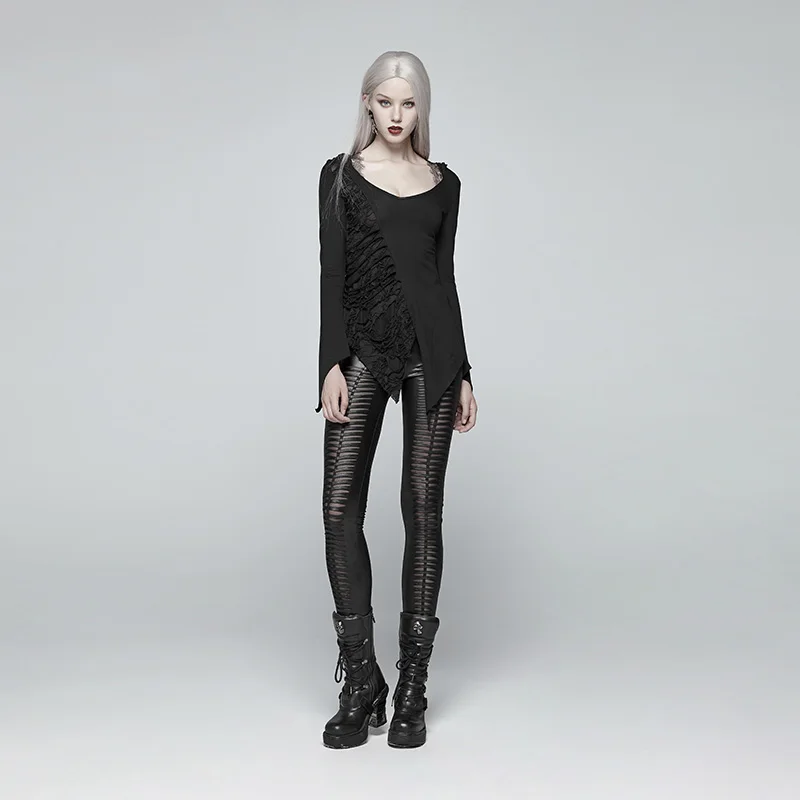 Punk Rave Women T-shirt Gothic Casual Dark Retro Cotton Hooded Asymmetric Long Sleeve Streetwear Tops for Women