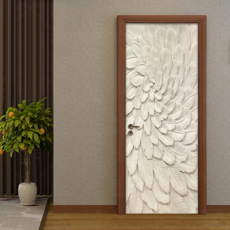 stereoscopic gravado folhas bege porta adesivo 3d 01