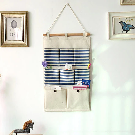 

35*50cm Fabric Cotton Pocket Hanging Holder Wall Bule Storage Bags Racks wall pocket Storage striped Bags