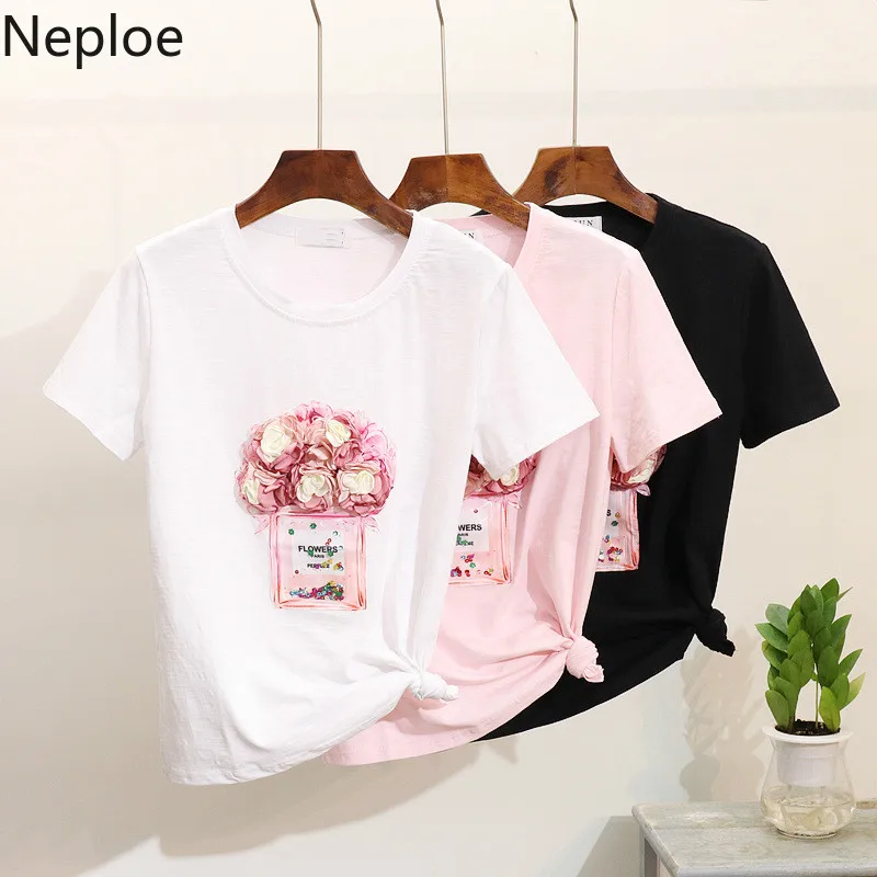 

Neploe Women Summer 3d Flower T-shirt Ladies Fashion Loose Tops Casual Cotton Tee Shirts Female White Black Pink T Shirt 39027