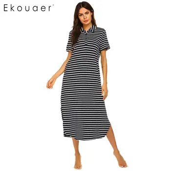 

Ekouaer Long Sleepwear Women Turn Down Collar Nightgown Loose Nightdress Short Sleeve Summer Sleep Dress Chemise Sleepshirts