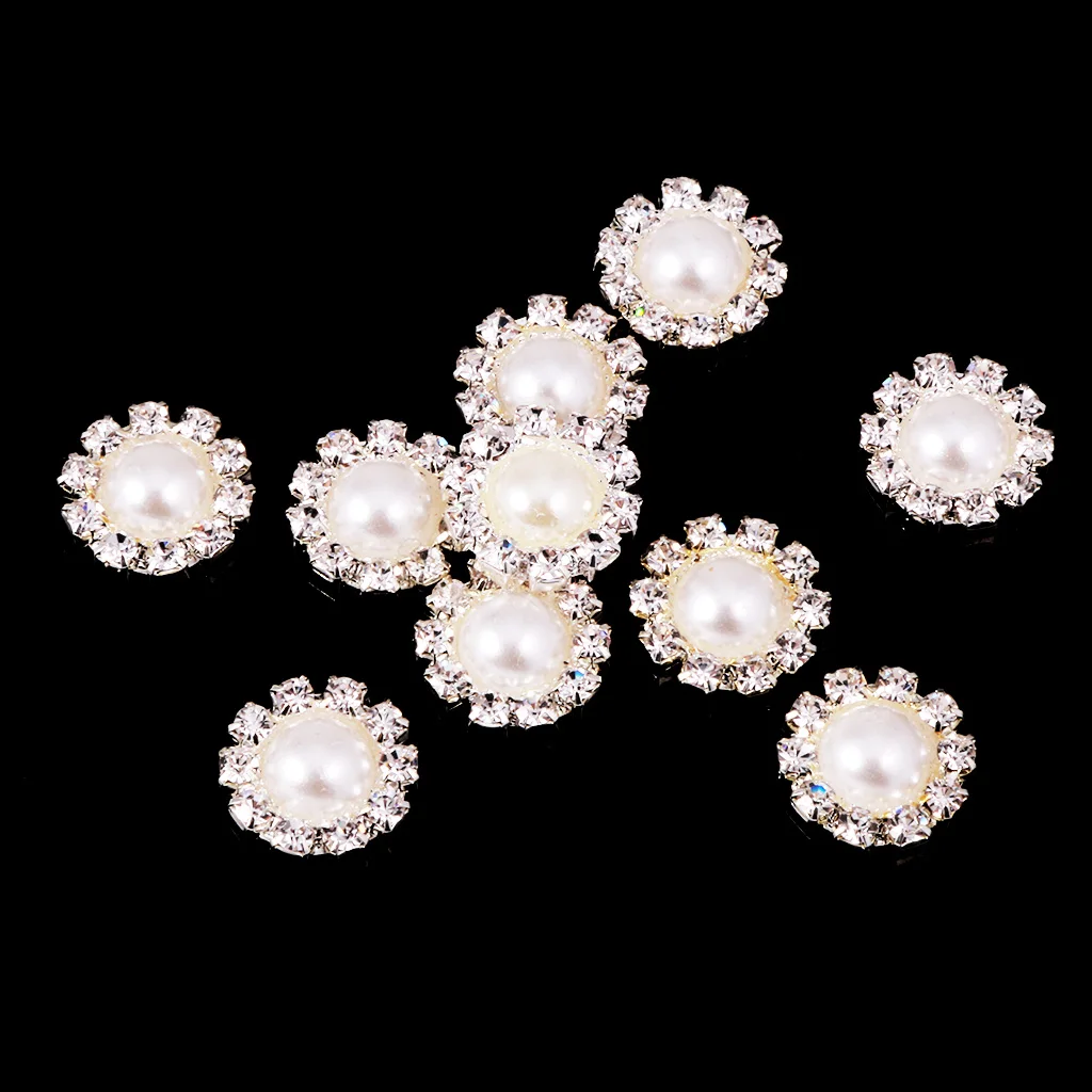 10x Diamante Flower Crystal Pearl Flatback Buttons Sewing Embellishment 13mm