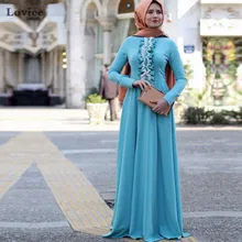 2017 Hot Trend Sky Blue Islamin Abaya Long Sleeve Muslim Evening Dress with Hijab Customized Robe De Soiree