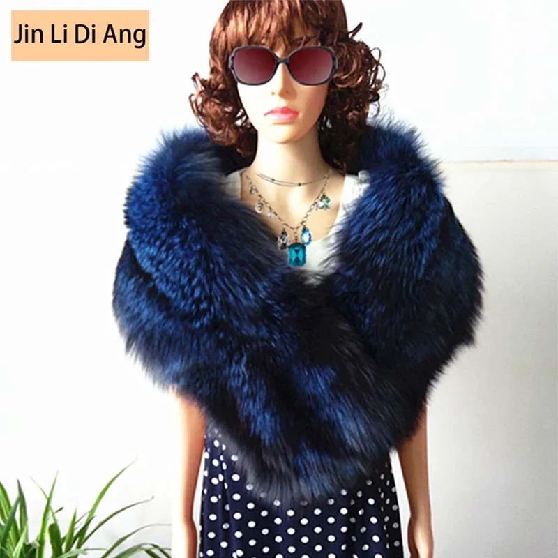 

Jin Li Di Ang Women Dark Blue Real Fox Fur Designer Scarf Shawls 2017 Brand Fashion Winter Thick Long Warm Scarves for Girls