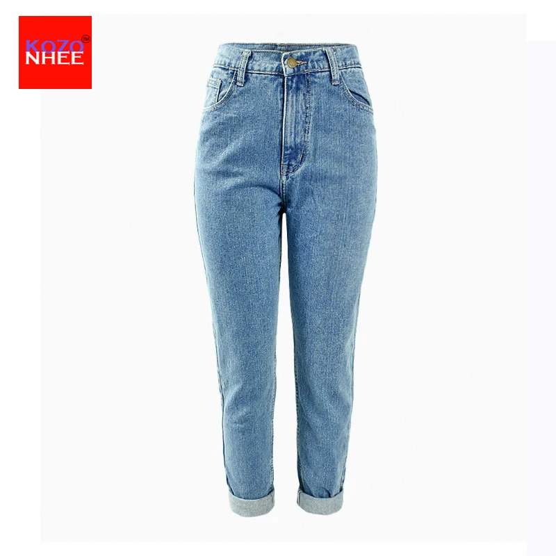 

2017 Loose Women Women`s Plus Size High Waist Washed Light Blue True Denim Pants Boyfriend Jean Femme For Women Jeans