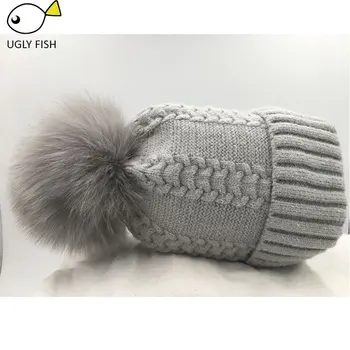

pom pom hat women beanie hat Women's Beanies black pink gray color 30% wool 70% acrylic solid pattern fox fur pom pom hat