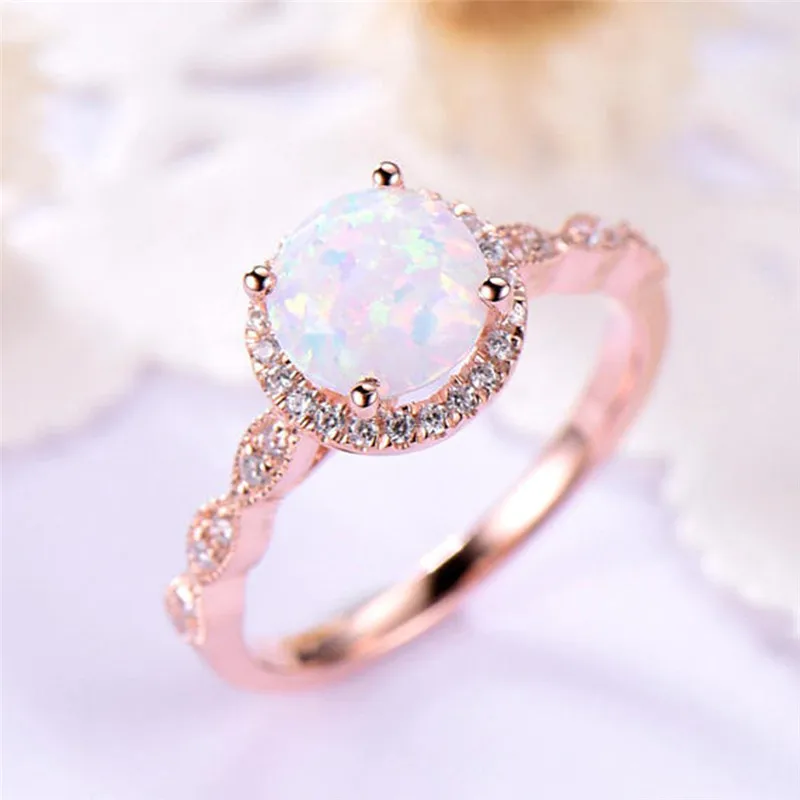 ROMAD Dainty Round Fire Opal Rings for Women Rose Gold CZ Engagement Rings in Copper Promise Ring With Gift Box R4