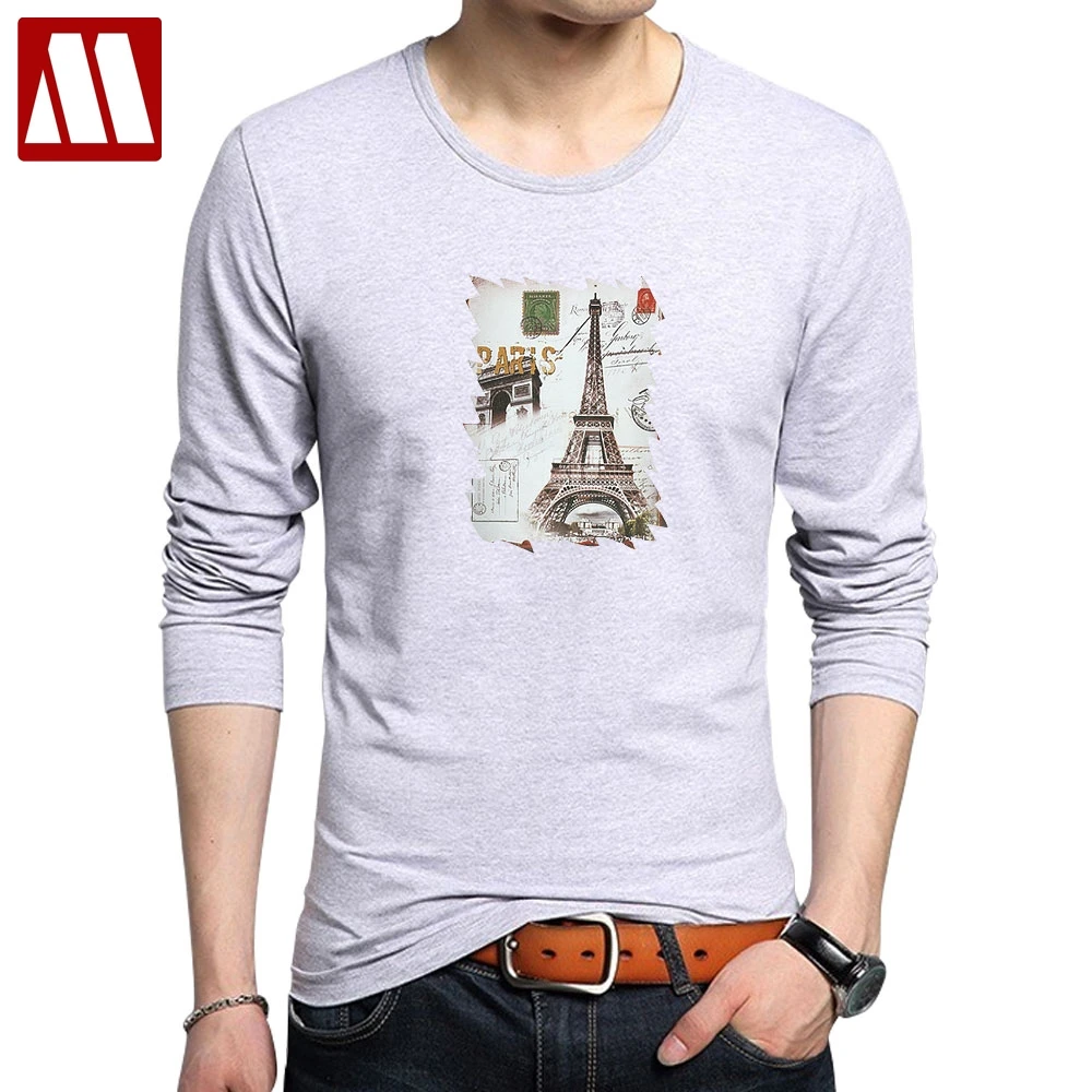 

2019 Brand New Version Fashion Eiffel Tower Print Man Long Sleeve T-Shirt Casual Cotton t shirts Mens Tops Tees Plus Size S~5XL
