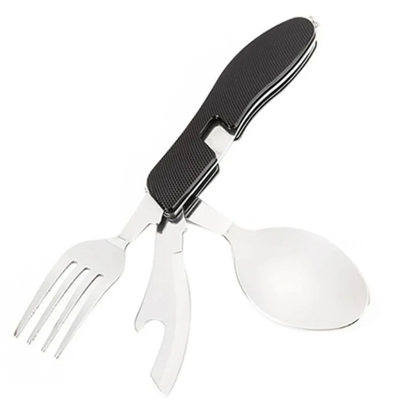 Camping Folding Combination Tableware 3in1 Folding Travel Camping Utensil Stainless Pocket Spoon Fork bottle opener #2O31 (14)