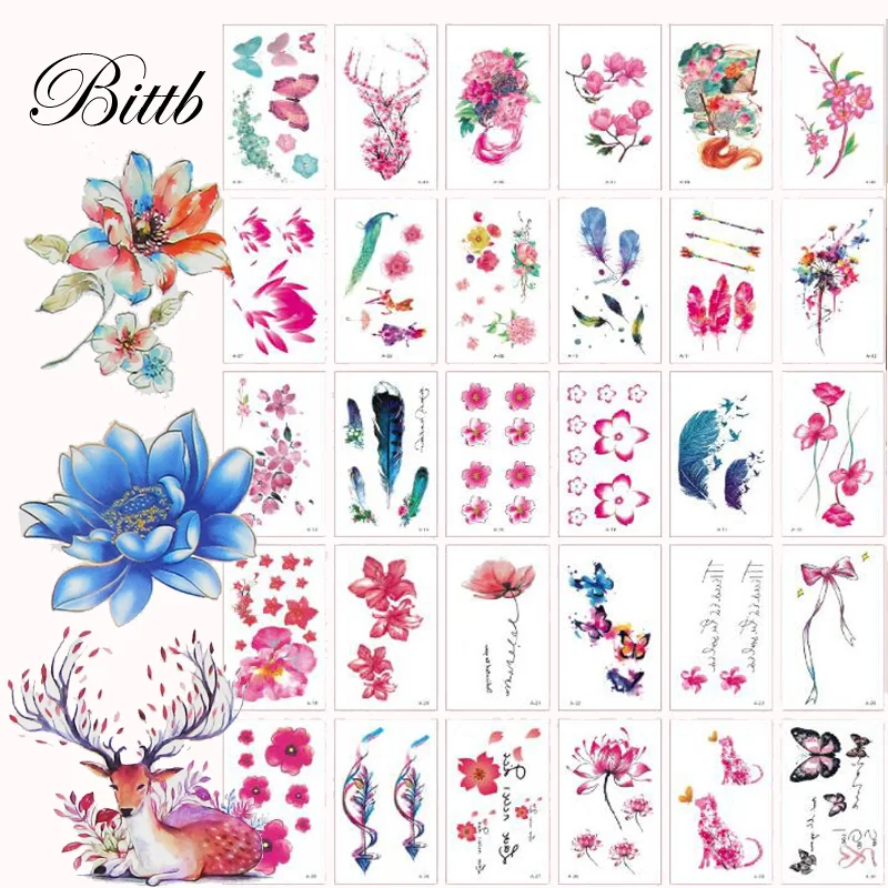 

Bittb Flower Temporary Tattoo Butterfly Floral Reindeer Letter Fake Tattoos Stickers for Women Girls Kids Body Art 30design/set