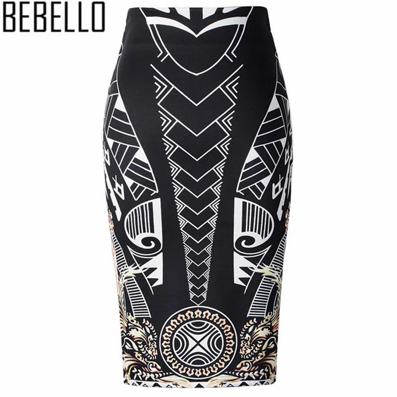 

2018 Elegant Gold Black Geometric Print High Waist Stretch Pencil Skirts Summer Midi Fahion Ladies Office Work Wear Saias S0703