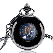 2017 Luxury Black Smooth Mechancial Hand Wind Pocket Watches Hollow Blue Roman Number Skleton Carving Fob Clock Gift
