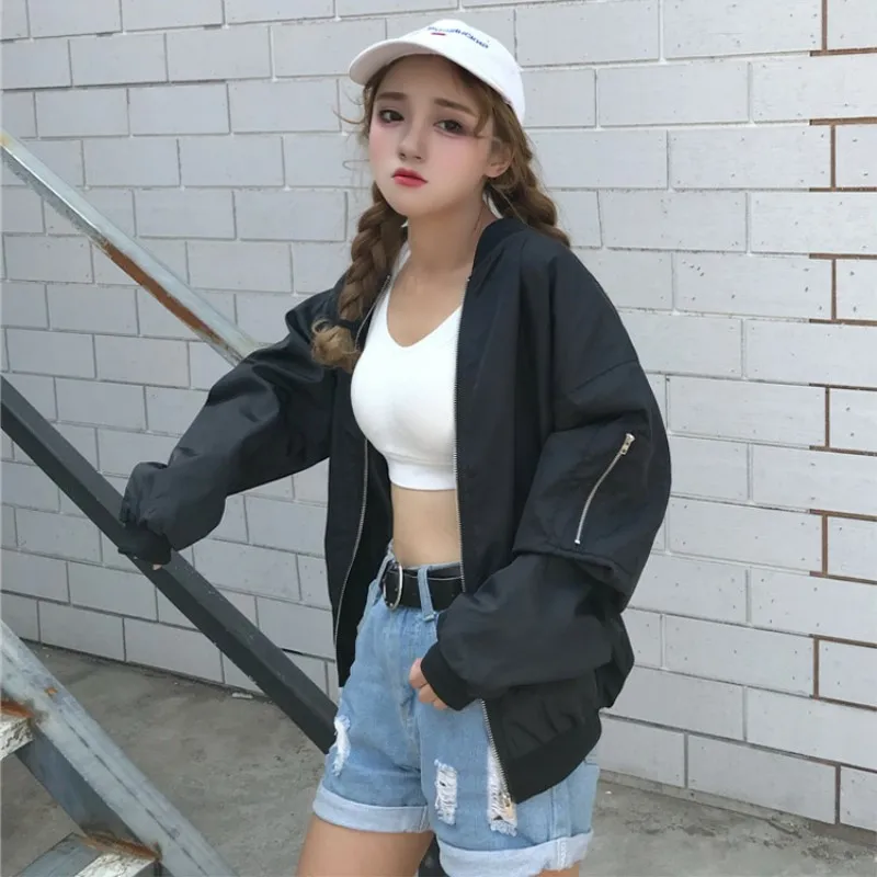 

Spring and autumn new women's solid color zipper long-sleeved baseball uniform loose wild jacket female fashion leisure tops