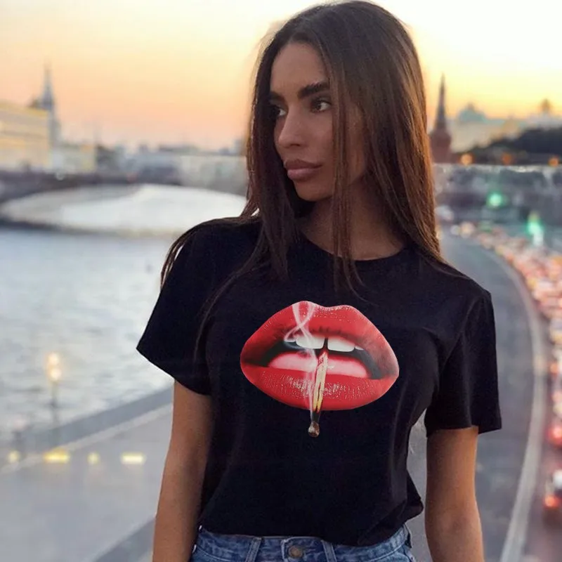 

Jo Kalin Red Lips T-shirts for Women 2019 Summer New Fashion Short Sleeve tshirt ladies fitness harajuku t shirt women top tees